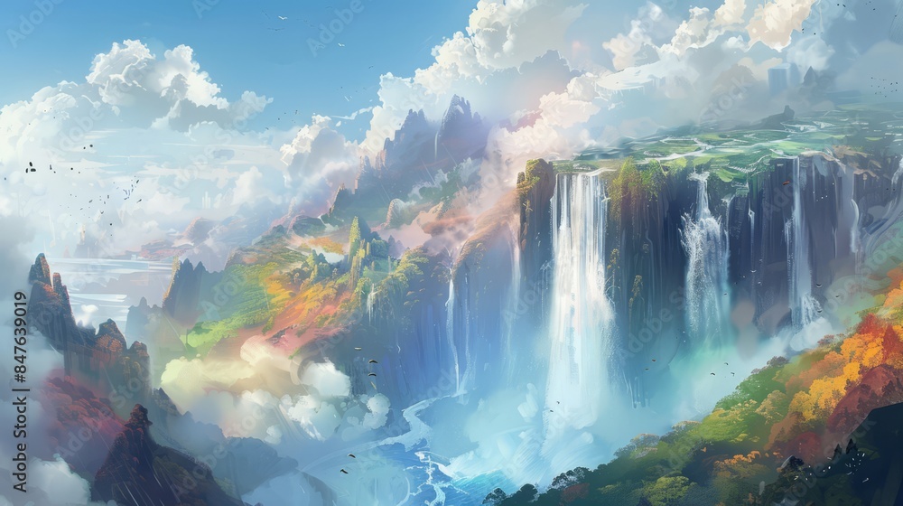 A cascading waterfall that flows in all colors of the rainbow, surrounded by clouds and floating islands A cascading waterfall that flows in all colors of the rainbow, surrounded by clouds and floating islands