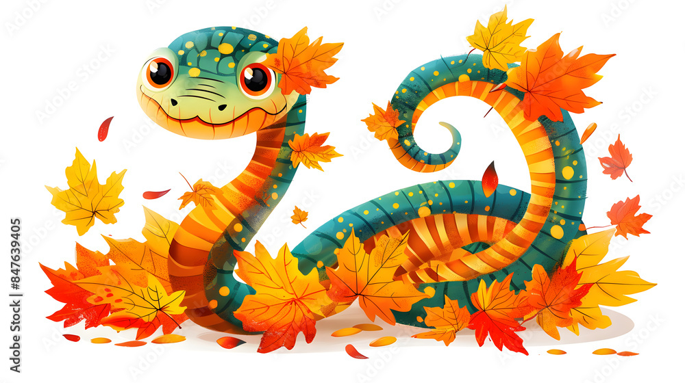 Fototapeta premium image of a cartoon snake with plants corresponding to the flowering months, for a calendar