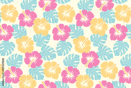 seamless pattern with hibiscus flowers and tropical leaves for banners, cards, flyers, social media wallpapers, etc.