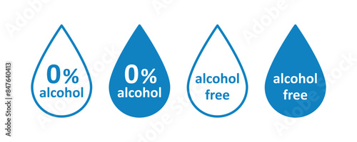 Alcohol free icon. Don't contain alcohol symbol. Zero percent tag. Drop symbol. Health cosmetic product. 0 percent icon. Design infographic element. Vector illustration isolated on white background.