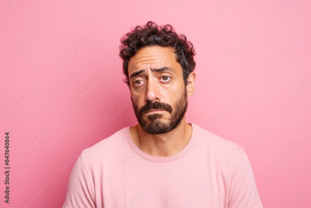 Fototapeta premium Sad man, 35, Middle Eastern, feeling isolated, on a pastel light pink background