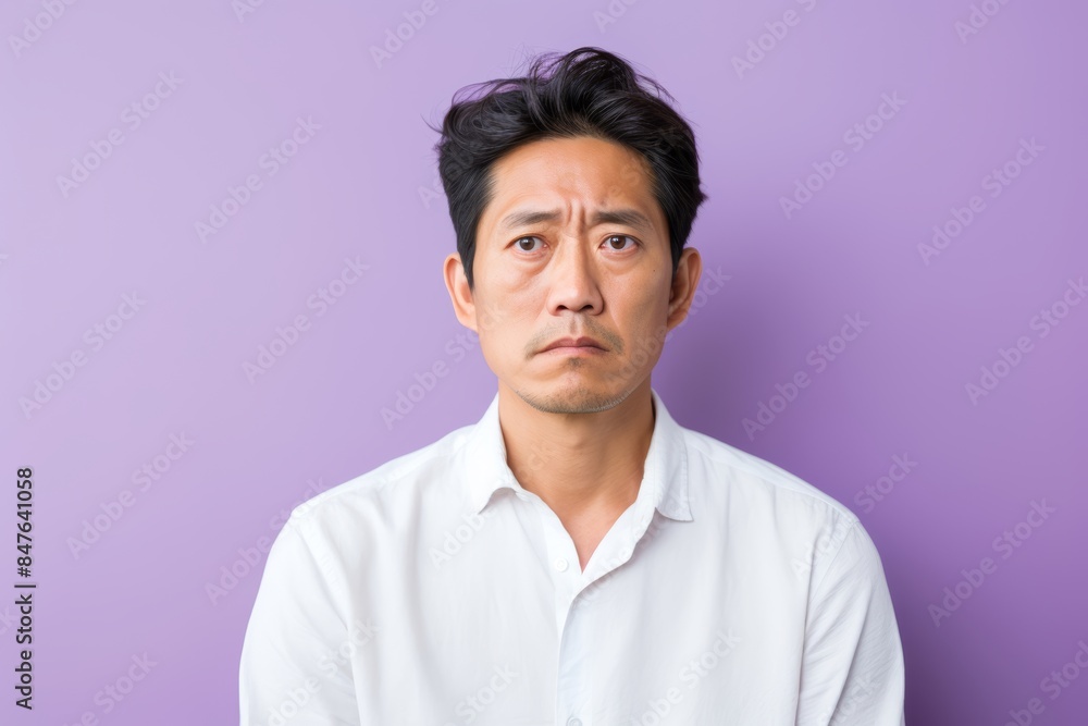 Sad man, 47, Asian, coping with divorce, on a pastel periwinkle background Sad man, 47, Asian, coping with divorce, on a pastel periwinkle background