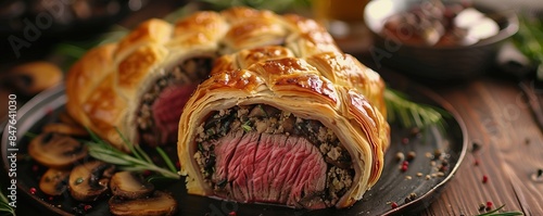 Savory beef Wellington with mushroom duxelles and puff pastry, 4K hyperrealistic photo photo