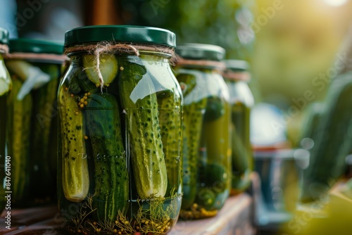 Canned pickled cucumbers in jars closeup, homemade pickles, canning food, canning photo