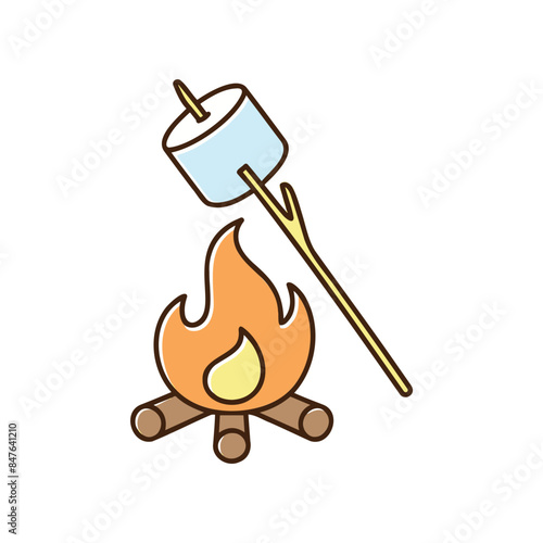 Illustration of marshmallow skewered on stick and burned on a campfire