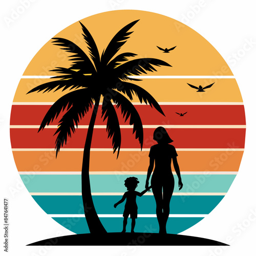 Retro vintage style sunset  palm tree  Adobe Illustrator illustration  16k  with sunset style and mom and son silhouette  T - shirt design  T - shirt graphic  retro vintage style circle.  illustration