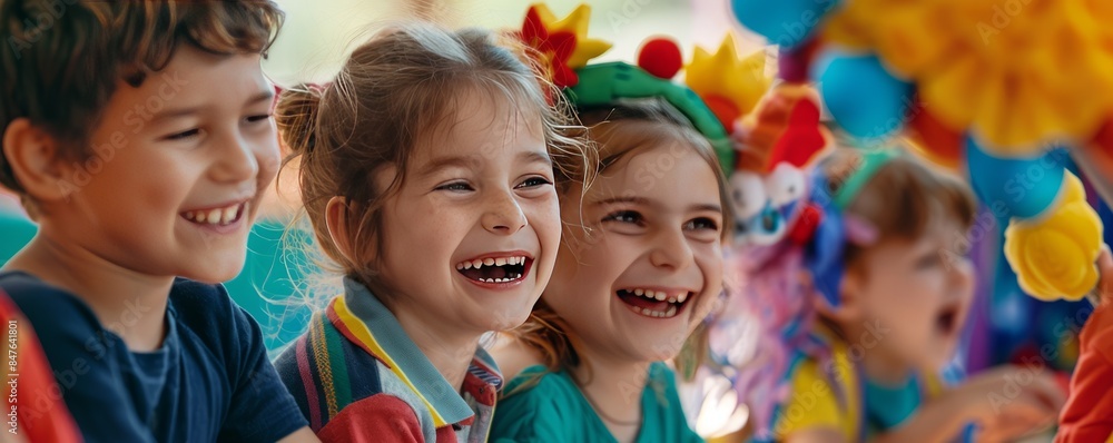 Kids enjoying a puppet show for International Children's Day, colorful puppets and laughter, 4K hyperrealistic photo. Kids enjoying a puppet show for International Children's Day, colorful puppets and laughter, 4K hyperrealistic photo.