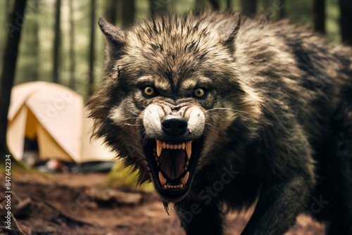 
A Rabid wolf near a campsite, showing aggressive behavior with snarling teeth and intense eyes, creating a frightening and dangerous scene for campers