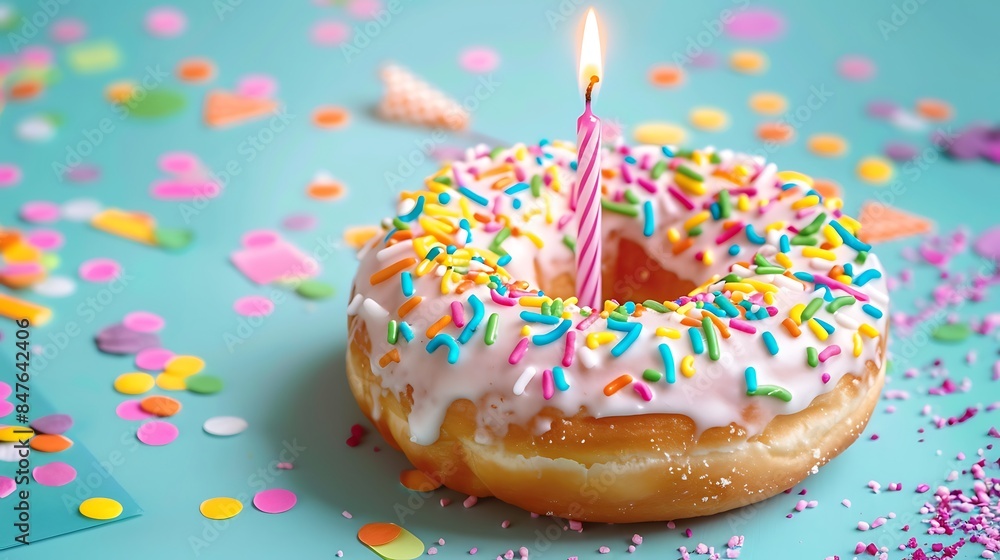 Delicious Donut with Happy Birthday Notepaper and Candle isolated on colorful background Delicious Donut with Happy Birthday Notepaper and Candle isolated on colorful background