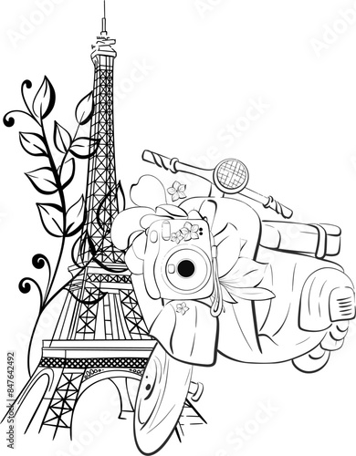 Vector Eiffel tower and scooter illustration. Vintage motorbike in romantic style. Paris travel love vacation. Black silhouette for circuit
