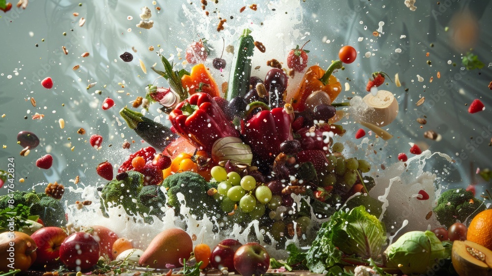 Fresh fruits and vegetables bursting from a food bomb in a garden Fresh fruits and vegetables bursting from a food bomb in a garden