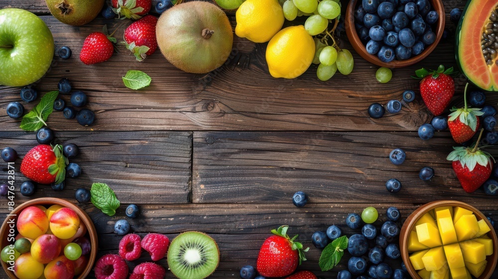 a rustic wooden table filled with an assortment of fresh fruits, vibrant colors, natural light a rustic wooden table filled with an assortment of fresh fruits, vibrant colors, natural light