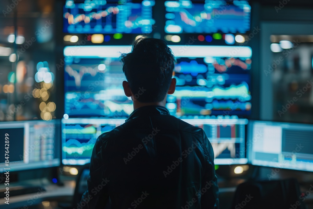 A man working late night at a computer workstation with multiple monitors displaying data graphs A man working late night at a computer workstation with multiple monitors displaying data graphs