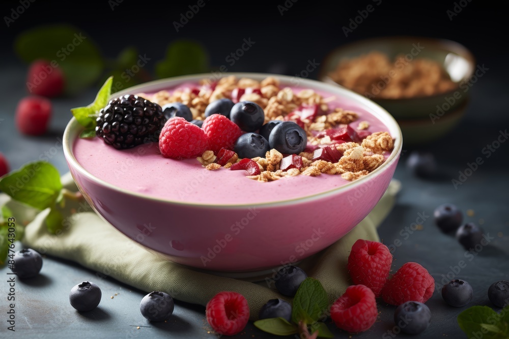 A bowl of Pink Matcha smoothie topped with granola and berries A bowl of Pink Matcha smoothie topped with granola and berries