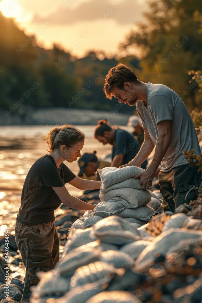 Volunteers stacking sandbags along a riverbank Volunteers stacking sandbags along a riverbank