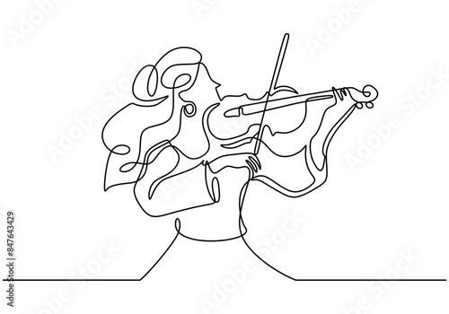 Beautiful woman play violin continuous line drawing. Music orchestra concept.