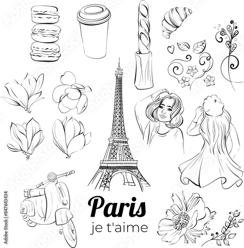 Vector Paris set. Je tame. Eiffel tower with travel to France, girl and Paper cup of coffee, sweet deserts and bakery, street food. Black silhouette for circuit