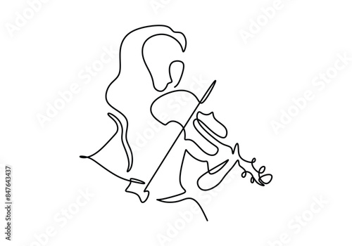 Beautiful woman play violin continuous line drawing. Music orchestra concept.