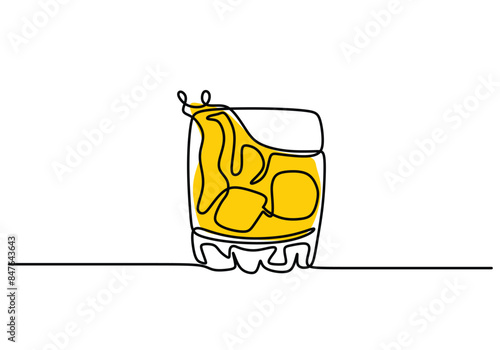 whiskey in glass with ice cubes continuous line drawing. Bar and restaurant concept.