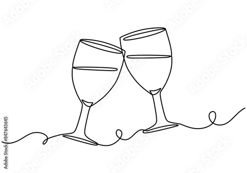 Two glasses of red wine cheers continuous line drawing. Celebrating and cheering concept.