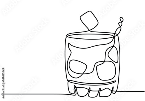 whiskey in glass with ice cubes continuous line drawing. Bar and restaurant concept.
