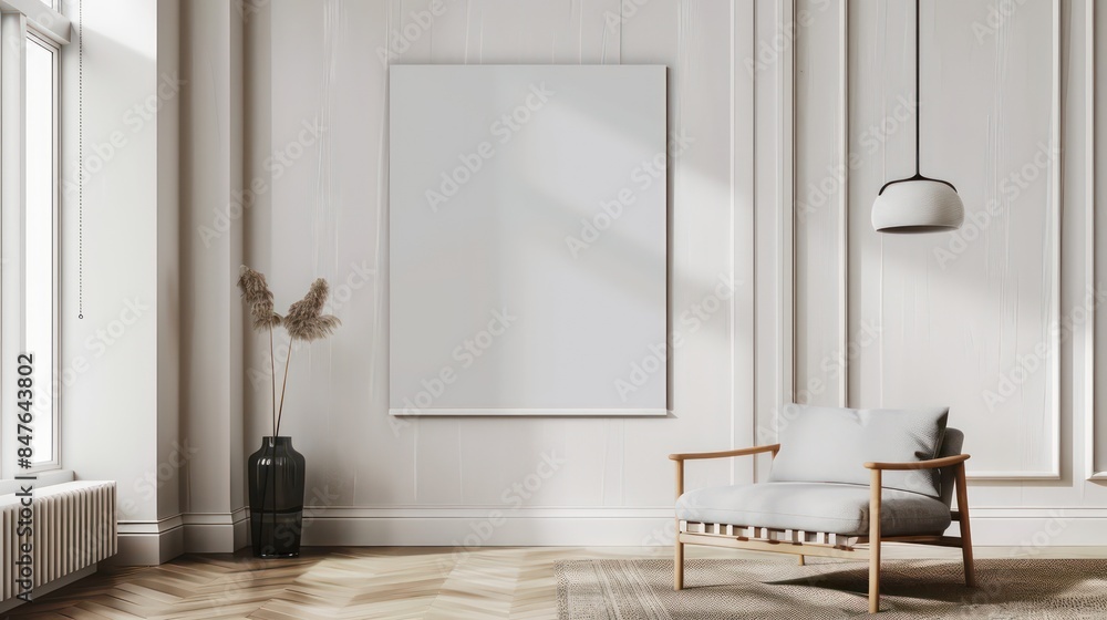 Contemporary Minimalist Interior with a Clean Empty Wall, Ideal for Art or Painting Mockups, Bright and Stylish Design. Contemporary Minimalist Interior with a Clean Empty Wall, Ideal for Art or Painting Mockups, Bright and Stylish Design.