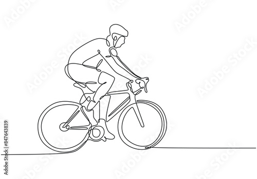 Man riding racing bike wear helmet continuous line drawing. Fitness and sport concept.