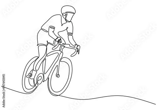 Man riding racing bike wear helmet continuous line drawing. Fitness and sport concept.