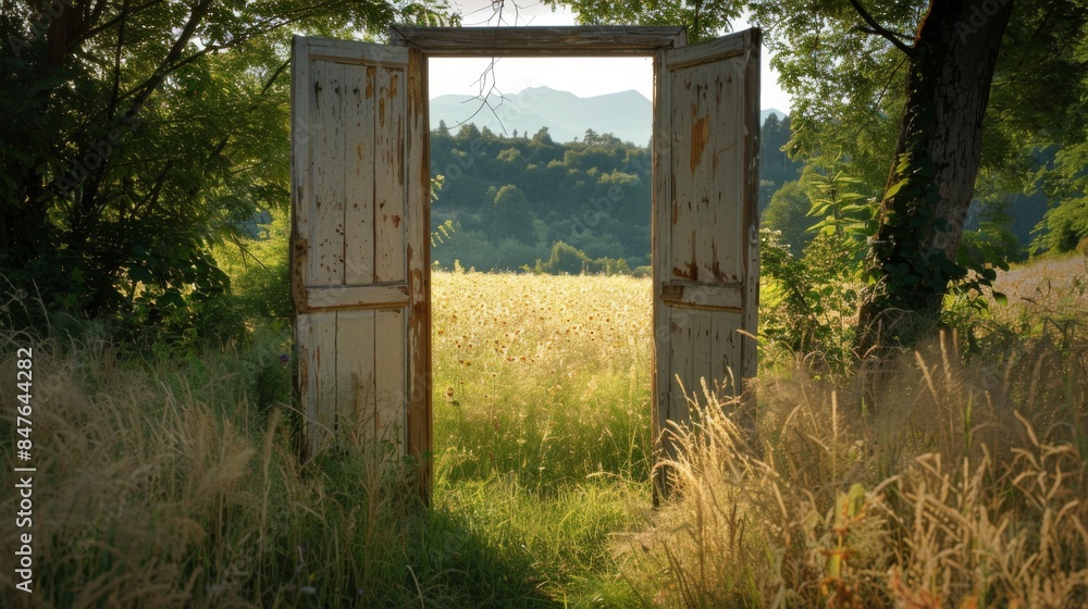 Naklejka premium Door in the forest. Background illustration generated by ai