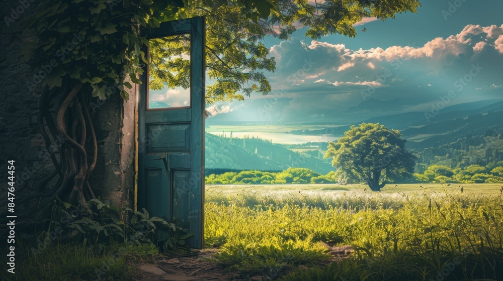 Fototapeta premium Door in the forest. Background illustration generated by ai