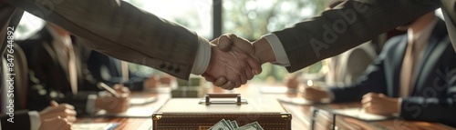 A wide-angle shot of a business meeting, focus on a handshake with a briefcase full of money on the table, natural lighting, professional setting, clear focus photo