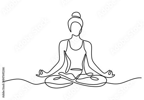 Woman doing yoga and meditation continuous line drawing. Fitness and gym concept.