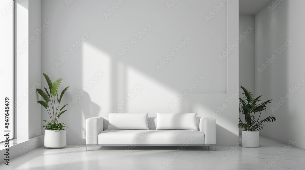Modern Minimalist Interior with Pristine Empty Wall, Ideal Mockup for Art or Paintings, Bright and Elegant Design. Modern Minimalist Interior with Pristine Empty Wall, Ideal Mockup for Art or Paintings, Bright and Elegant Design.