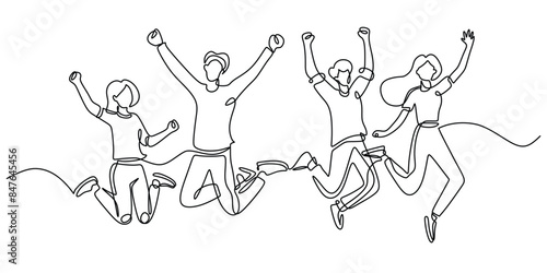 Young people jumping continuous line drawing. Joy, pleasure, success and victory concept in business company.