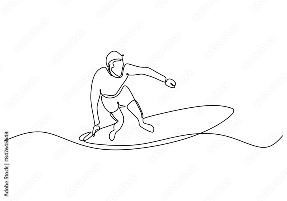 Man playing surfboard on beach continuous line drawing. Sport and adventure concept. Man playing surfboard on beach continuous line drawing. Sport and adventure concept.
