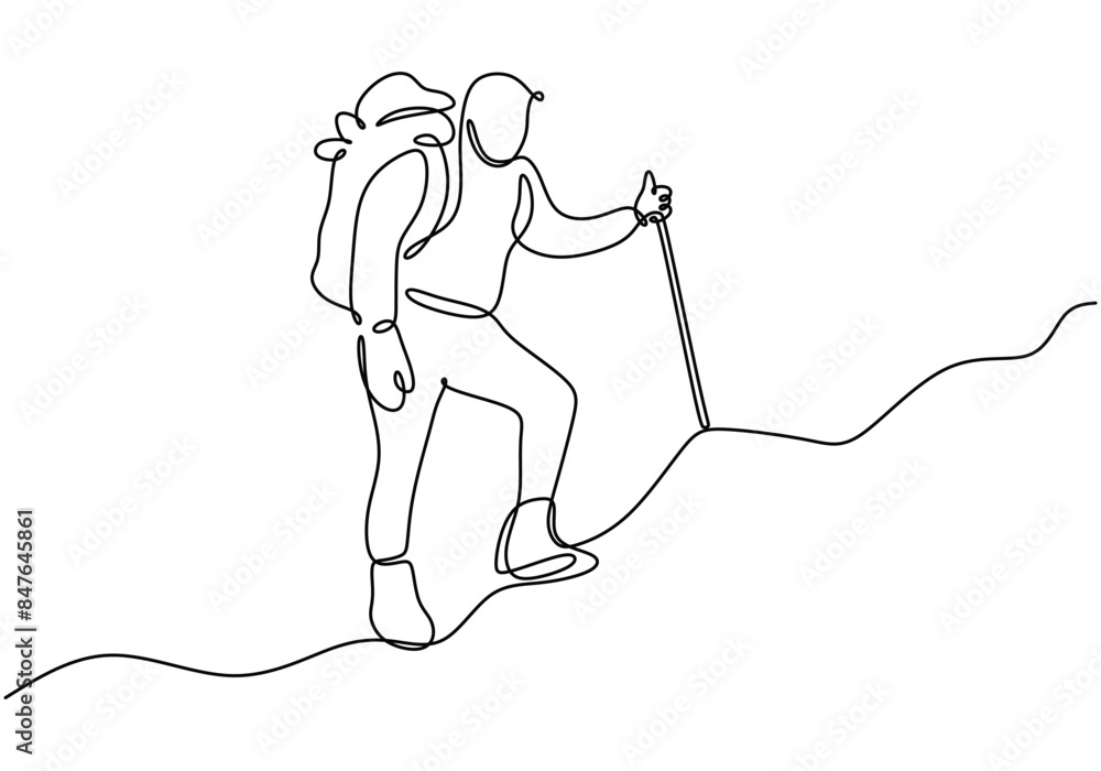 Man hold stick do hiking sport on mountain continuous line drawing. Adventure sport concept. Man hold stick do hiking sport on mountain continuous line drawing. Adventure sport concept.