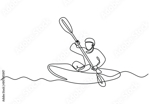 Man do kayaking sport with boat continuous line drawing. Athletic adventure sport concept.