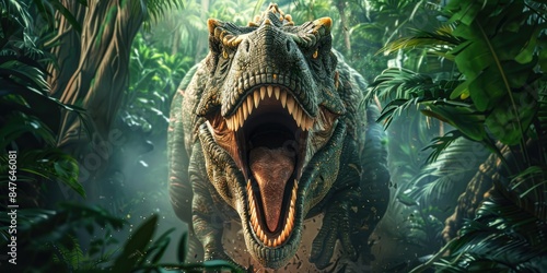 Fototapeta Naklejka Na Ścianę i Meble -  a image of a dinosaur with its mouth open in a jungle