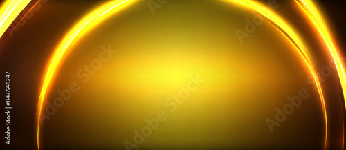 Neon glowing circle rays, light round lines in the dark, planet style neon wave lines. Energetic electric concept design for wallpaper, banner, background