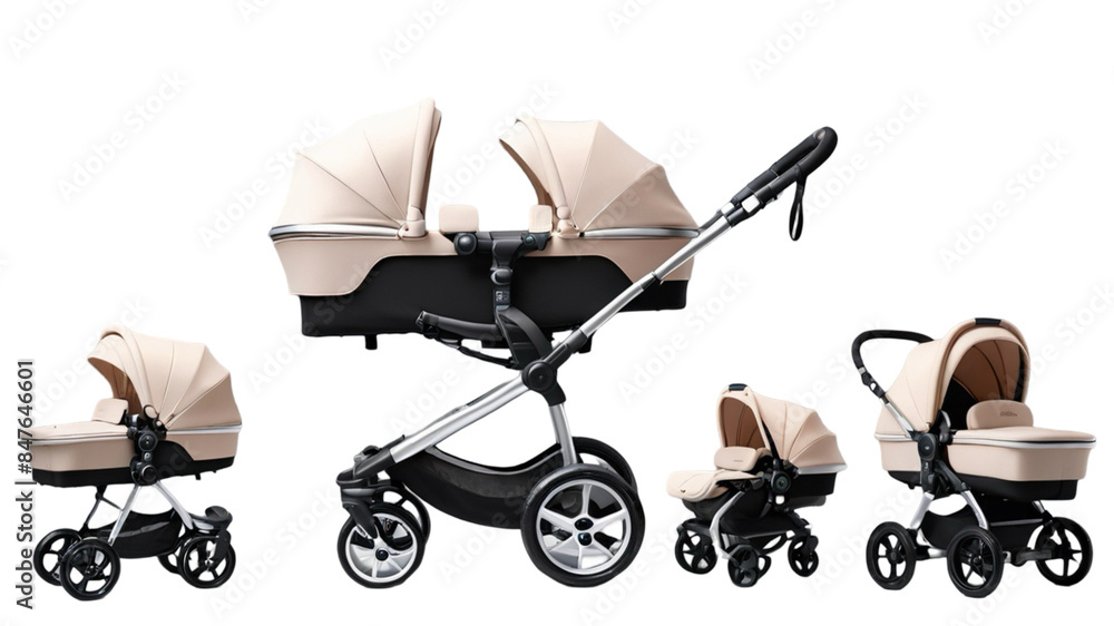 Modern set collection of baby stroller pushcair carriage on wheels for babies or children newborn essential care gear in different stylish design Modern set collection of baby stroller pushcair carriage on wheels for babies or children newborn essential care gear in different stylish design