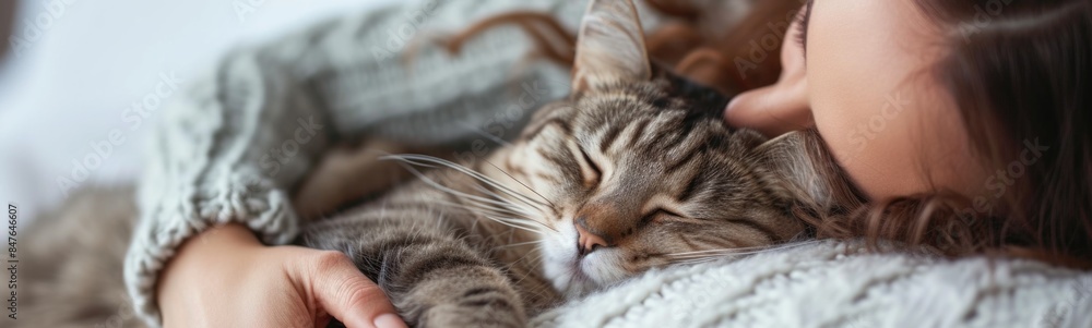 Woman sleeping with cat together on a bed Woman sleeping with cat together on a bed