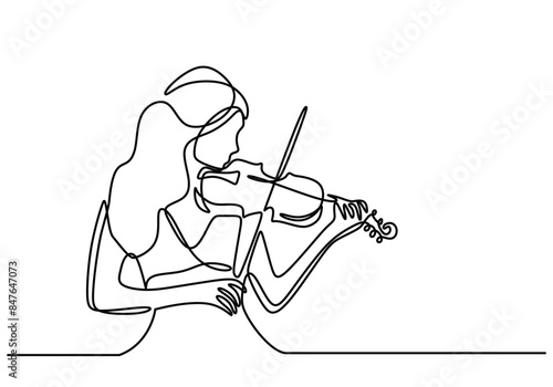 Beautiful woman play violin continuous line drawing. Music orchestra concept.