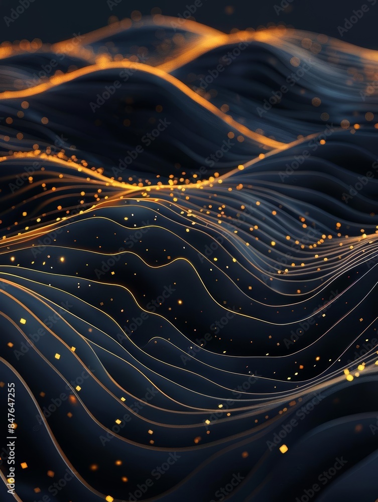 Elegant waves flowing with golden sparkles on a deep navy background, featuring subtle texture and gradients, perfect for a luxurious wallpaper or high-end banner Elegant waves flowing with golden sparkles on a deep navy background, featuring subtle texture and gradients, perfect for a luxurious wallpaper or high-end banner