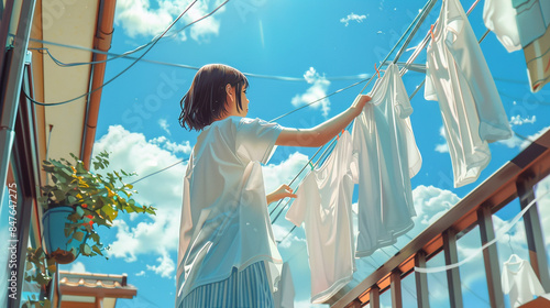 ベランダで洗濯物を干す女性のイラスト