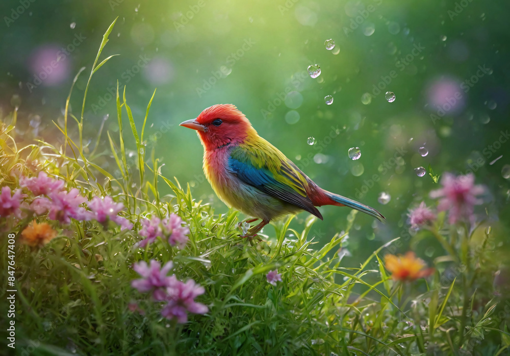 bird on a branch weed flowers