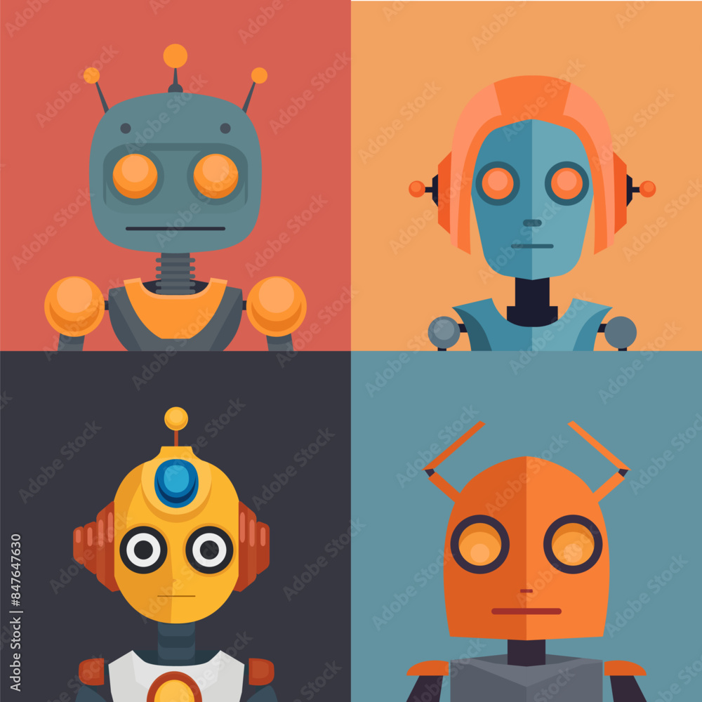 Vector set of portraits of various robots. Collection of android mascot cards. Square flat illustrations of childish cyborg toys for icon and your design Vector set of portraits of various robots. Collection of android mascot cards. Square flat illustrations of childish cyborg toys for icon and your design