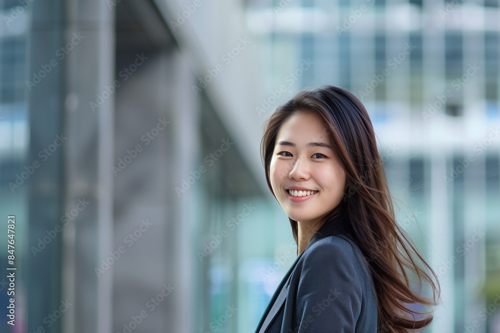 Smiling Asian Office Lady in Office Building Background Smiling Asian Office Lady in Office Building Background