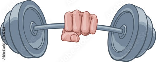 A weight lifting or weightlifting fist hand holding a heavy barbell or dumbbell concept.