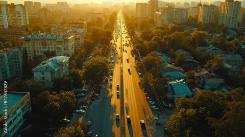 Highway next to apartment, top view, noon, clear sky, film style. AI generative photo