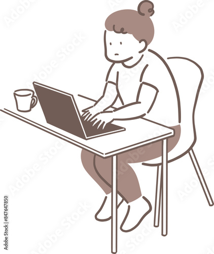 ノートパソコンを使っている猫背の女性の全身イラスト素材